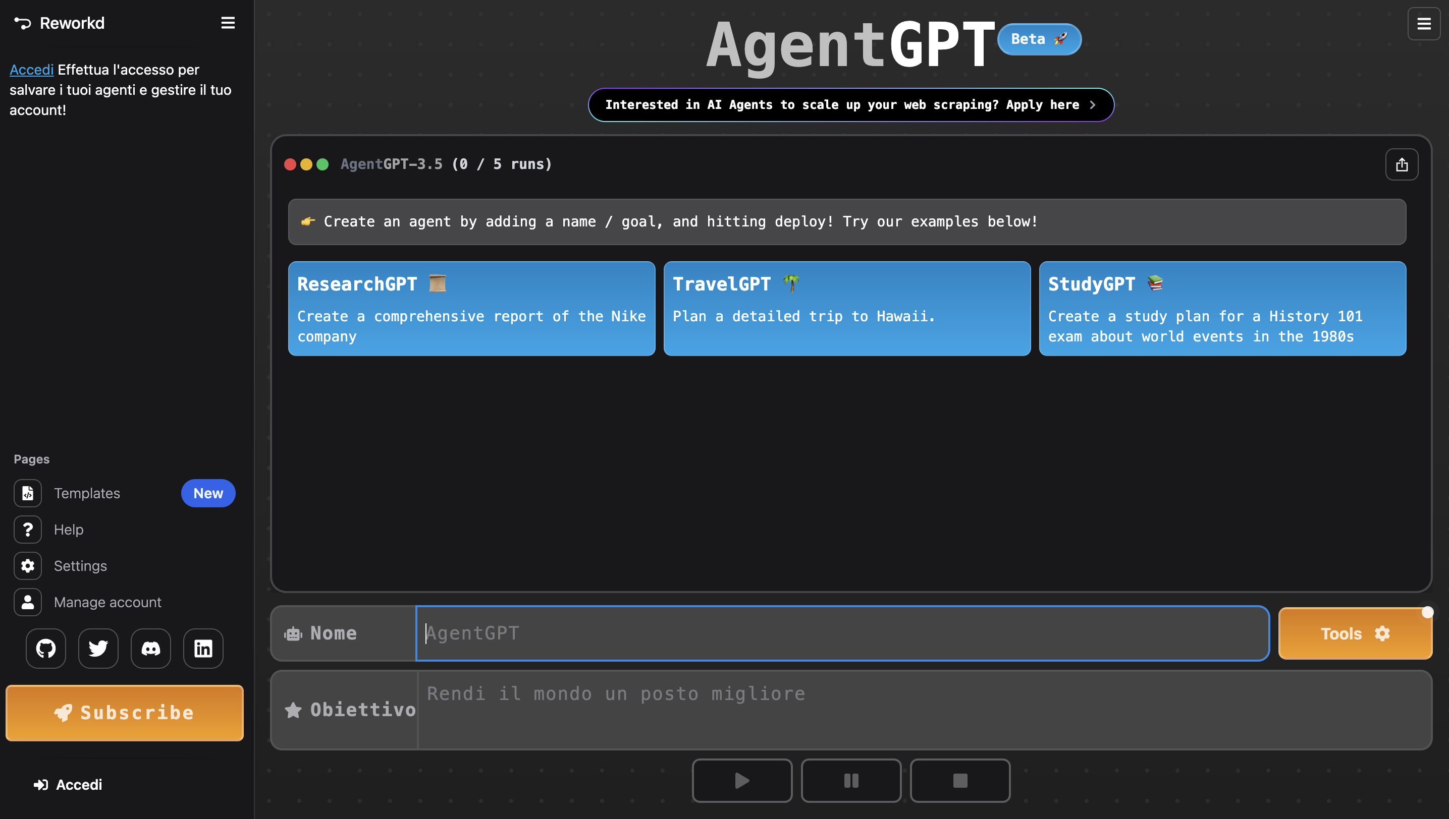 AgentGPT: Distribuisci Agenti IA Autonomi